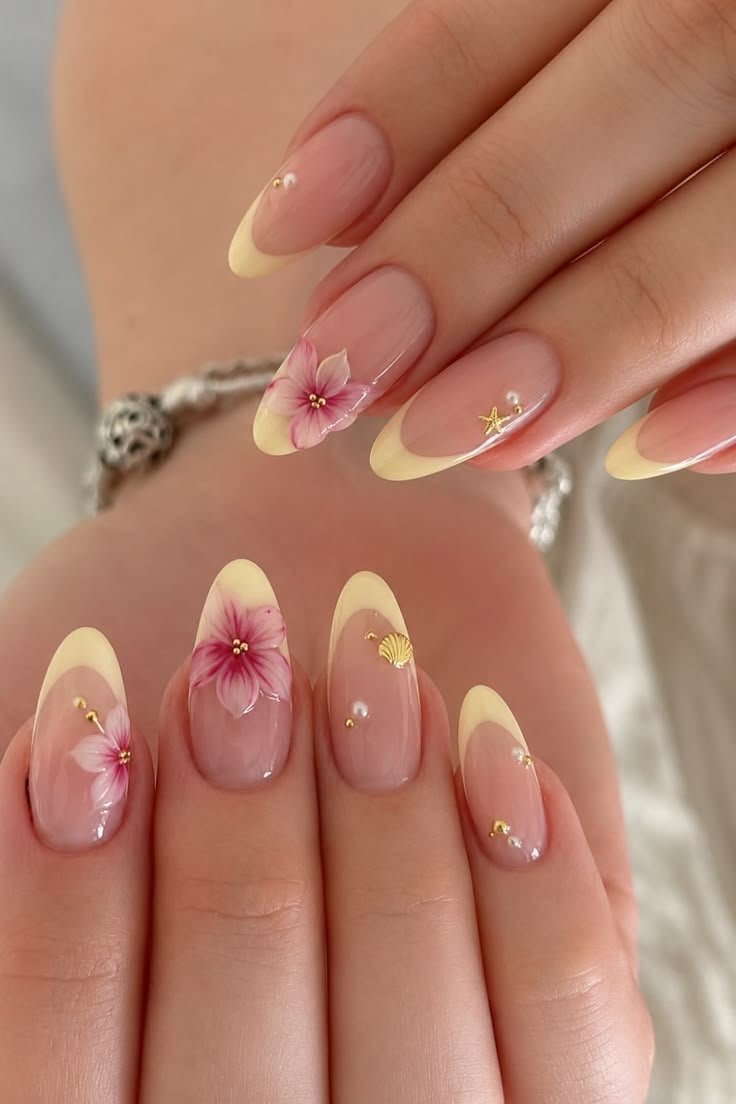 Cream Floral French tip nail art collection